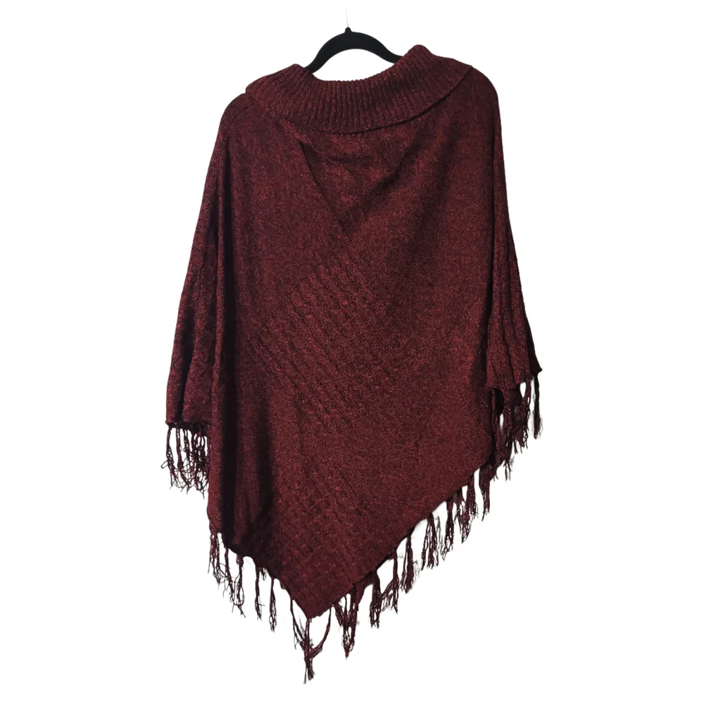 Red Burgundy Knitted Fringe Poncho Sweater One Size Plus - Picture 4 of 6